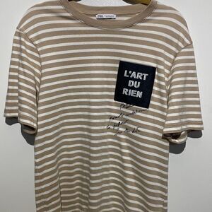 ZARA Womens Tee Short Sleeve Crew Neck Stripes Brown Medium